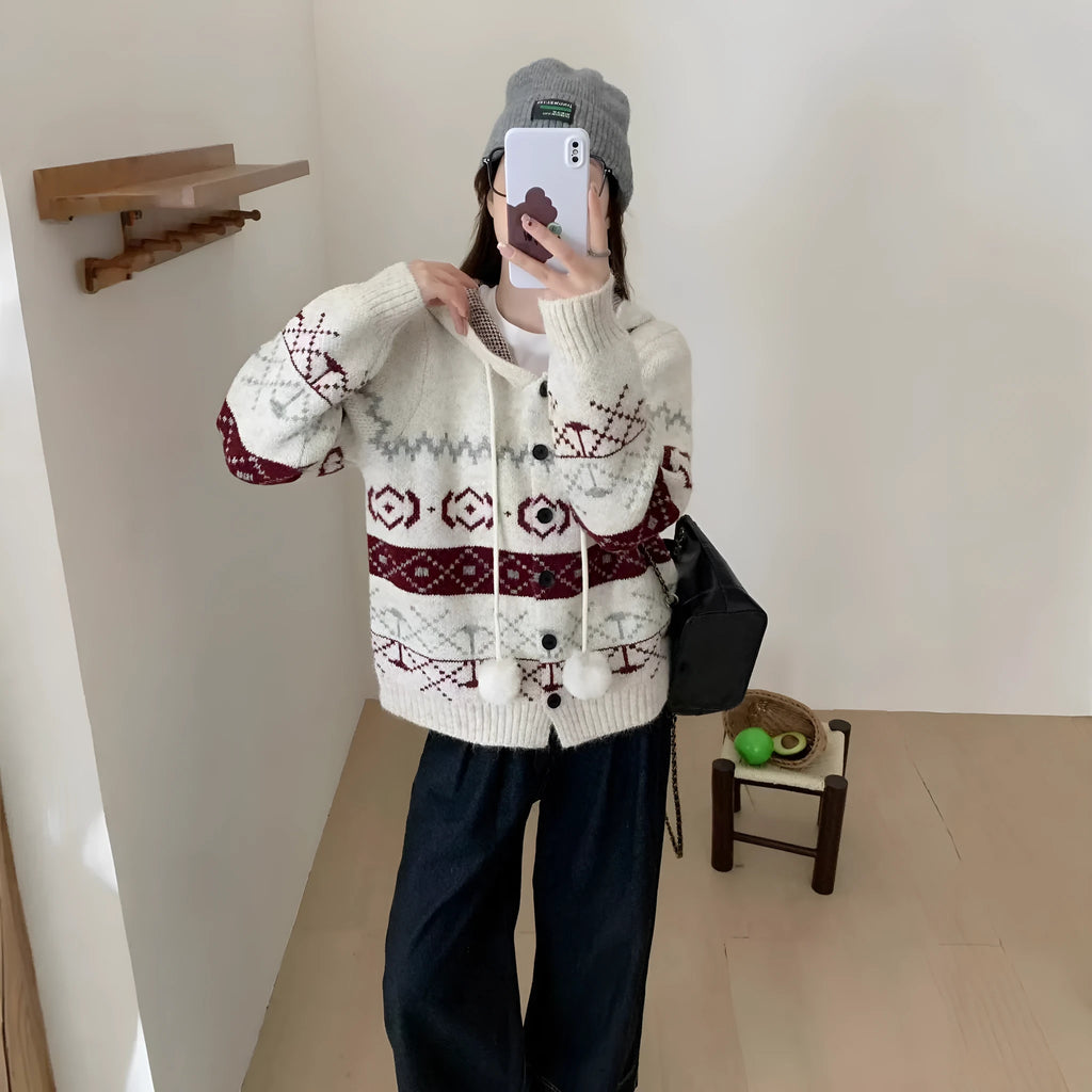 Women's geometric pattern brocade sweater coat in grey, loose fit with long sleeves.