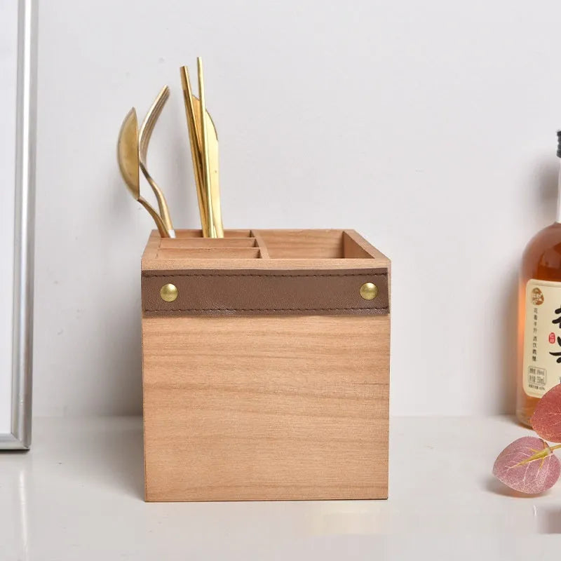 Wooden kitchen storage box with grid compartments for organising knives, forks and chopsticks