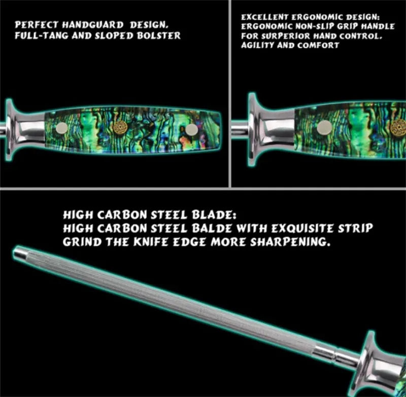 Manual high carbon steel knife sharpener with abalone shell handle on a surface