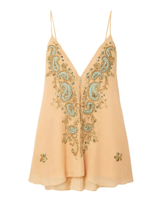 Light yellow women's V-neck strap dress with ethnic print pattern, sleeveless short skirt.