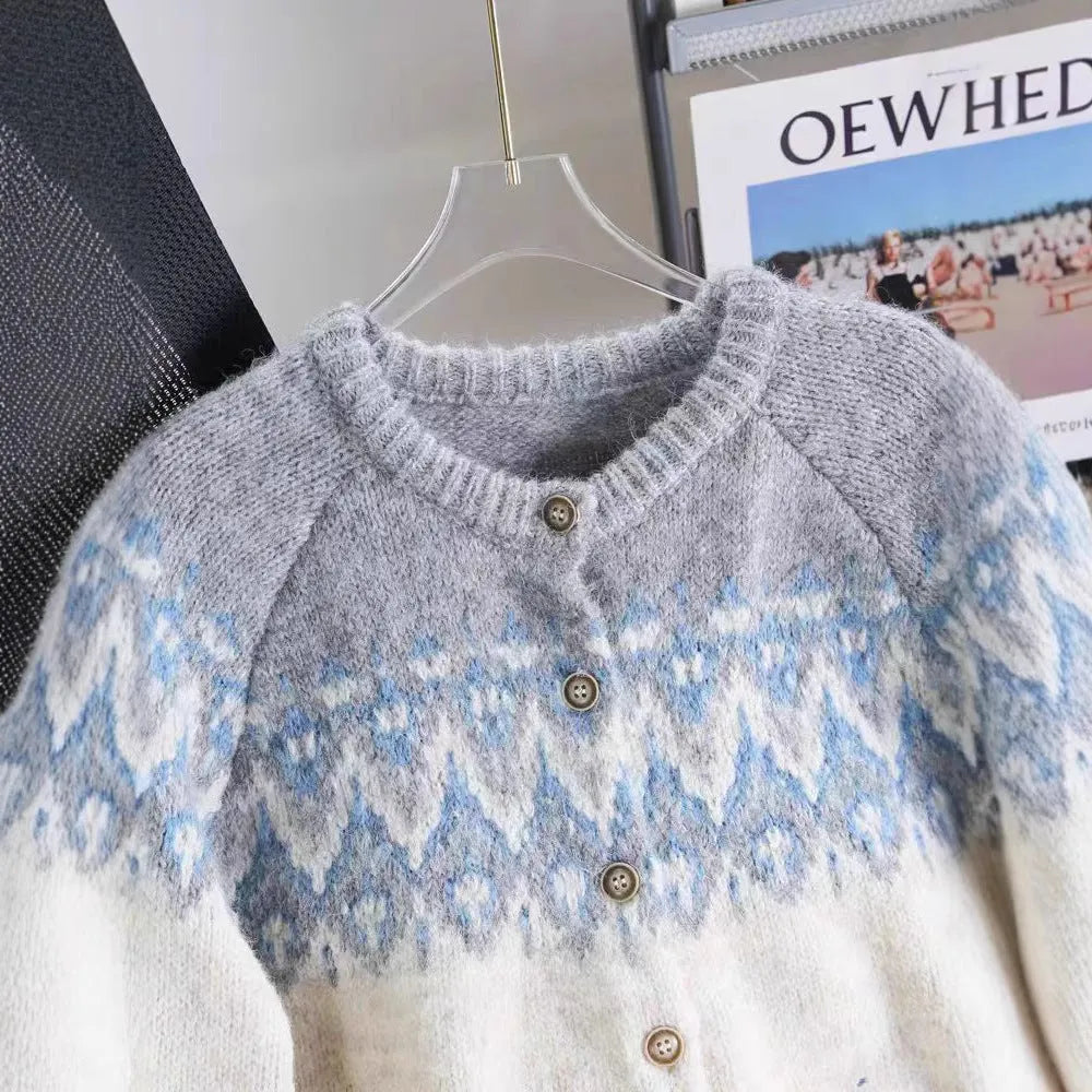 Women's loose-fit jacquard sweater coat in a contrast colour pattern, shown in milky white.