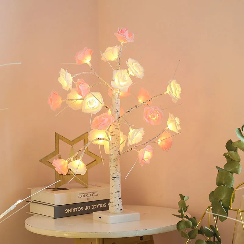 Christmas Rose Shining Tree Lamp 60cm with 24 flower-shaped pink and white rose lights on a PVC shell