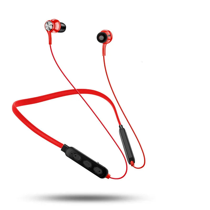 Black neckband Bluetooth sports earphones with red accent, showing earpieces and USB cable.
