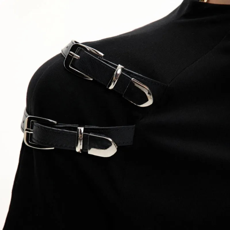 Men's slim fit cotton t-shirt with metal belt detail on stand-up collar in black or white