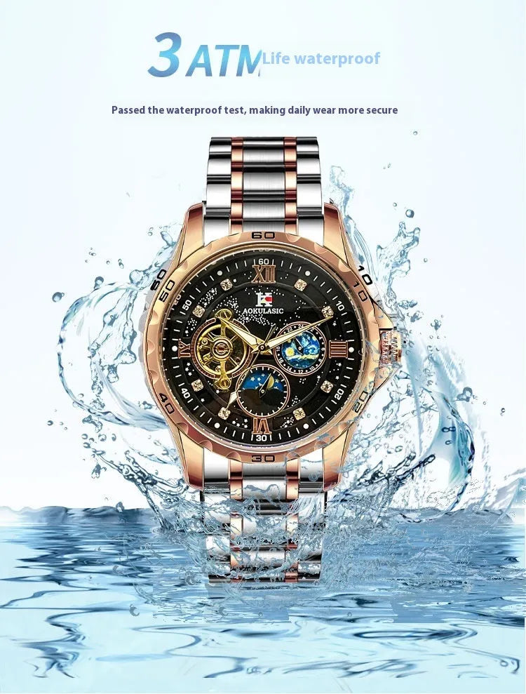 Men's rose gold automatic mechanical watch with black dial and stainless steel strap