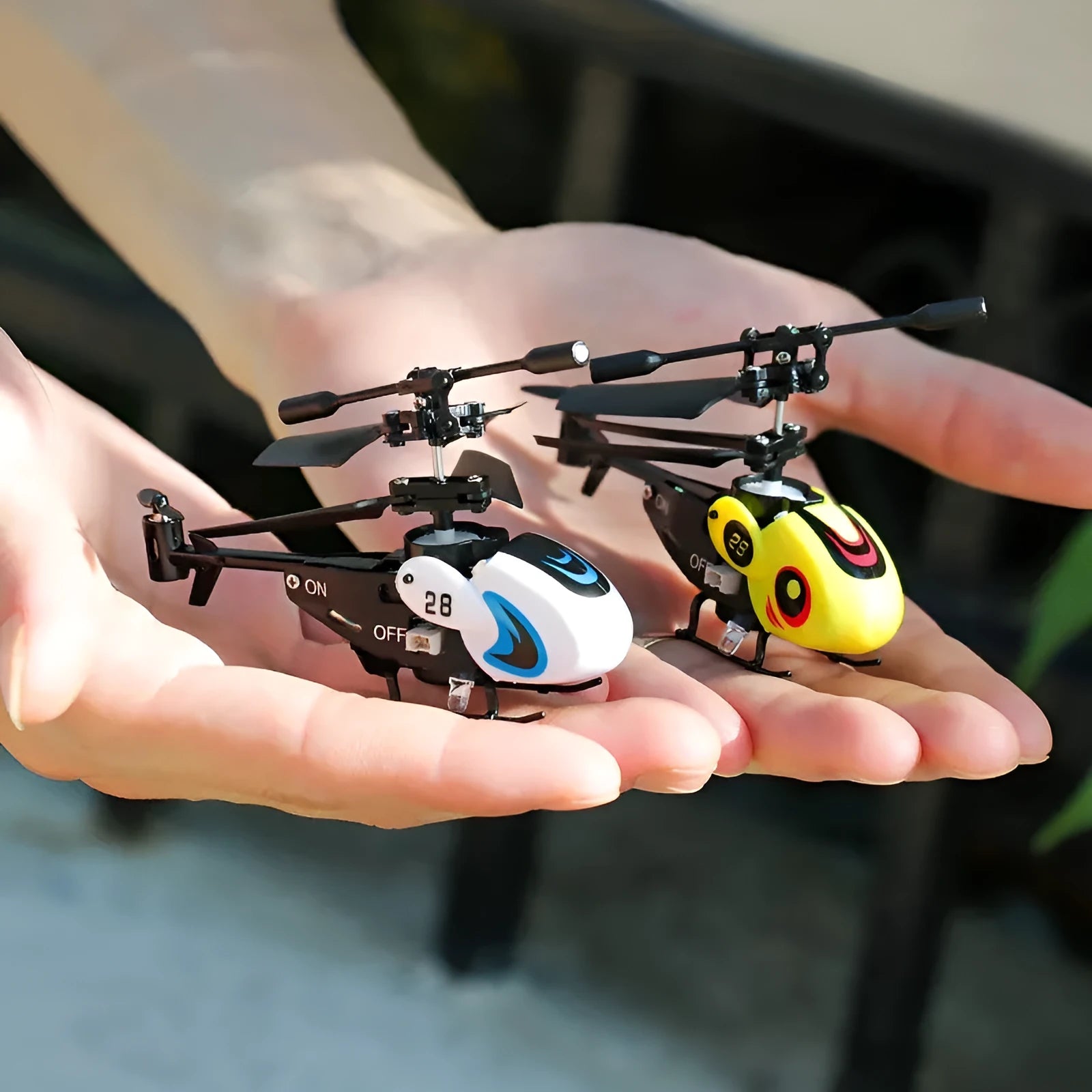 Mini helicopter remote control 35 channel crash-resistant pocket fingertip flyer model in white, yellow, and red