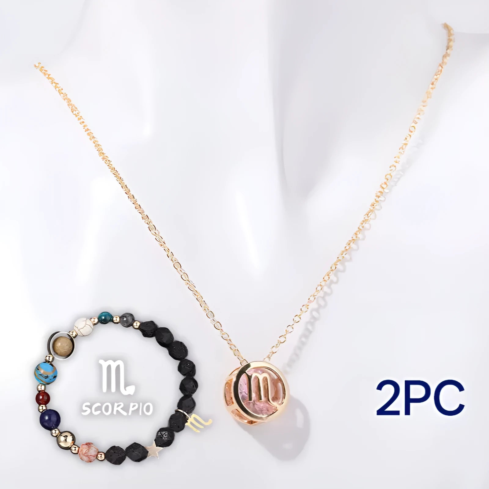 Natural stone beaded necklace and matching bracelet set laid flat, showing one of twelve available style variations.