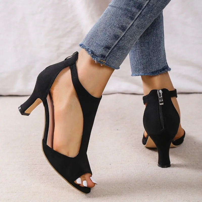 Women's high heel fish beak sandals with back zipper, cloth upper, available in multiple colours