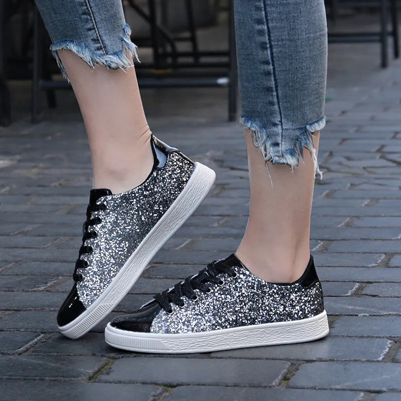 Women's colourful sequin low-top casual shoes in black, gold, or pink with lace-up front