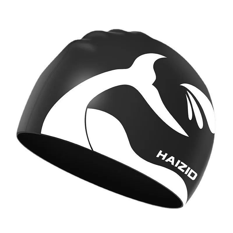 Silicone swimming cap with whale tail pattern and waterproof ear protectors in multiple colour options