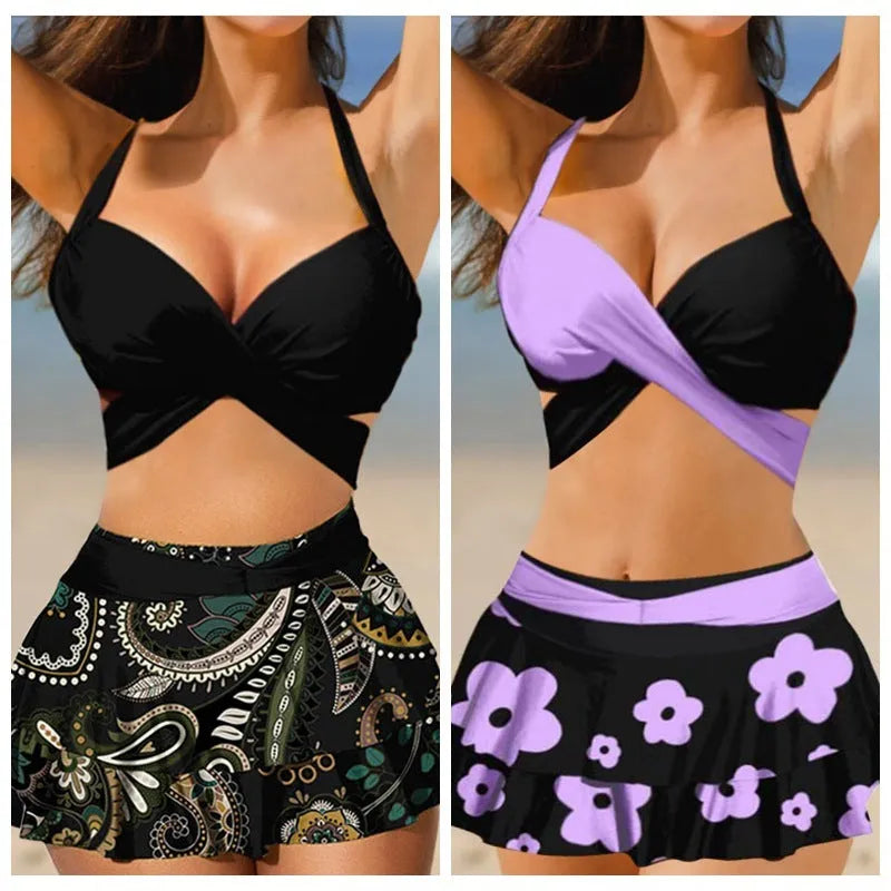 Purple women's high-waisted bikini swimsuit with lace-up detail and matching skirt for swimming