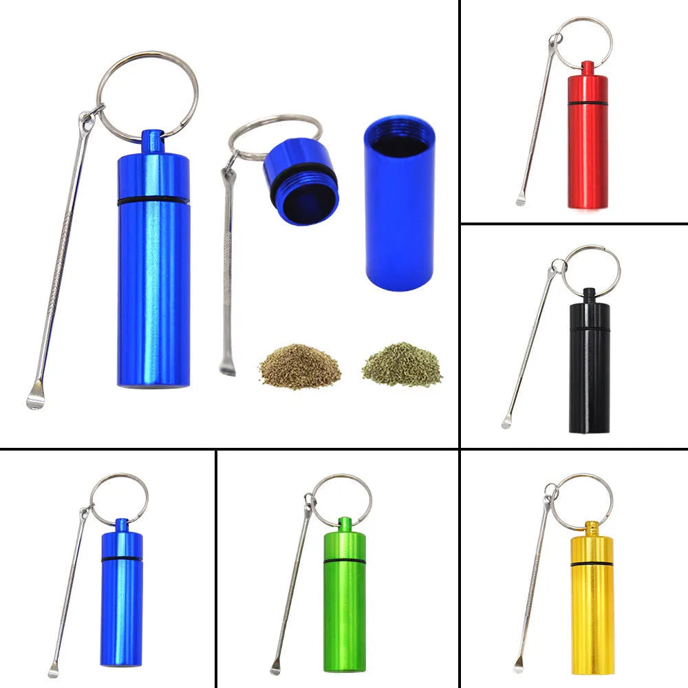 Aluminium pill storage bottle with built-in measuring spoon and keychain attachment in multiple colour options