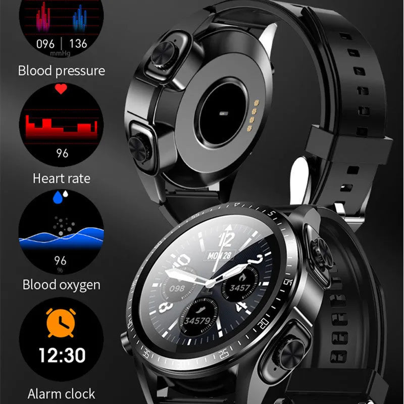 Black smart watch with stainless steel case, round dial, and separate smart bracelet call functionality