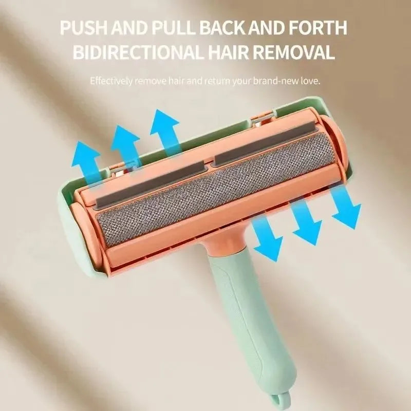 Gray self-cleaning two-way pet hair roller brush with non-slip handle on fabric surface