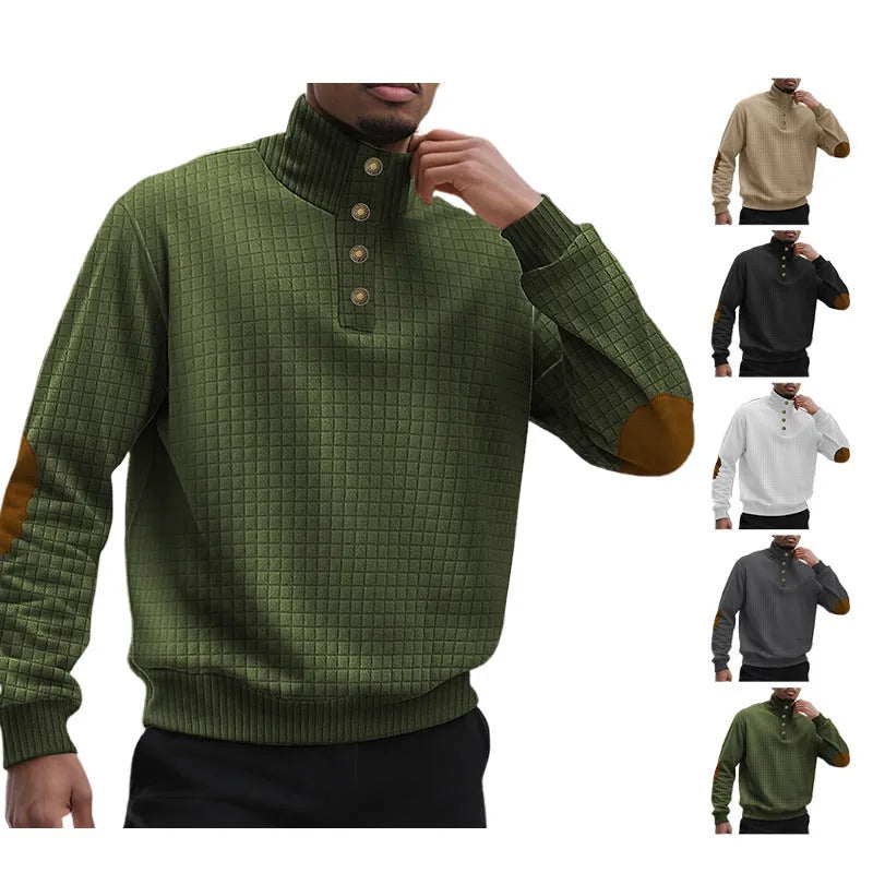 Men's casual jacquard small plaid stand collar long-sleeved sweater in khaki, polyester blend, full front view