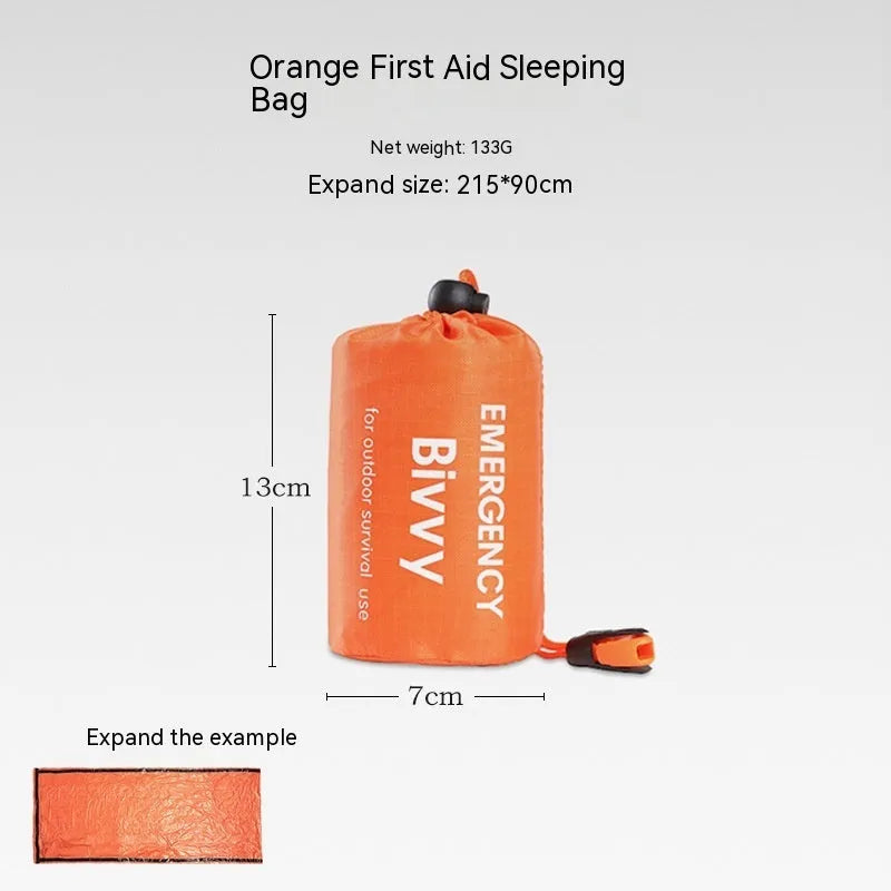 Portable emergency tent kit with sleeping bag and safety whistle in orange or army green colours