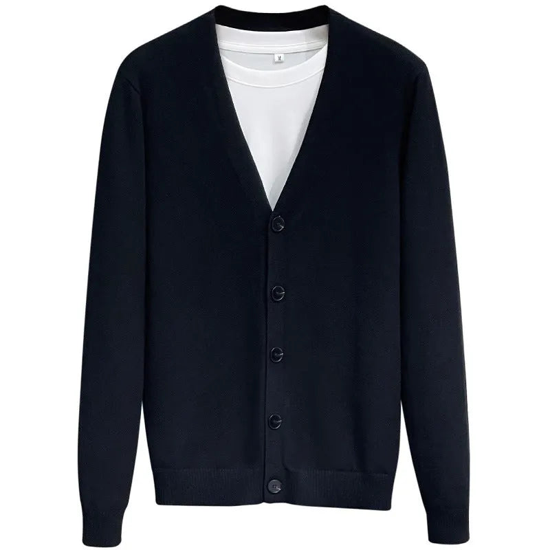 Men's cotton knitted cardigan sweater coat in black, V-neck, long sleeves, loose fit, winter casual wear.