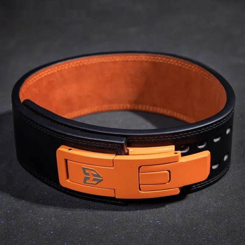 Power lift cowhide quick-buckle weightlifting belt in gray black for gym use