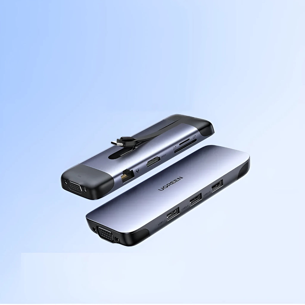 Compact 9-in-1 USB dock adapter with HDMI, VGA, Ethernet, USB 3.0, and card reader ports.