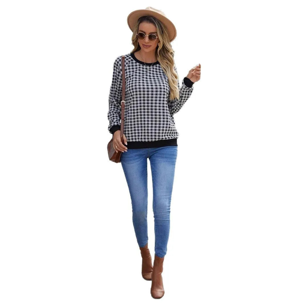 Black Japanese plaid pattern pullover sweater with long sleeves and printed stripes