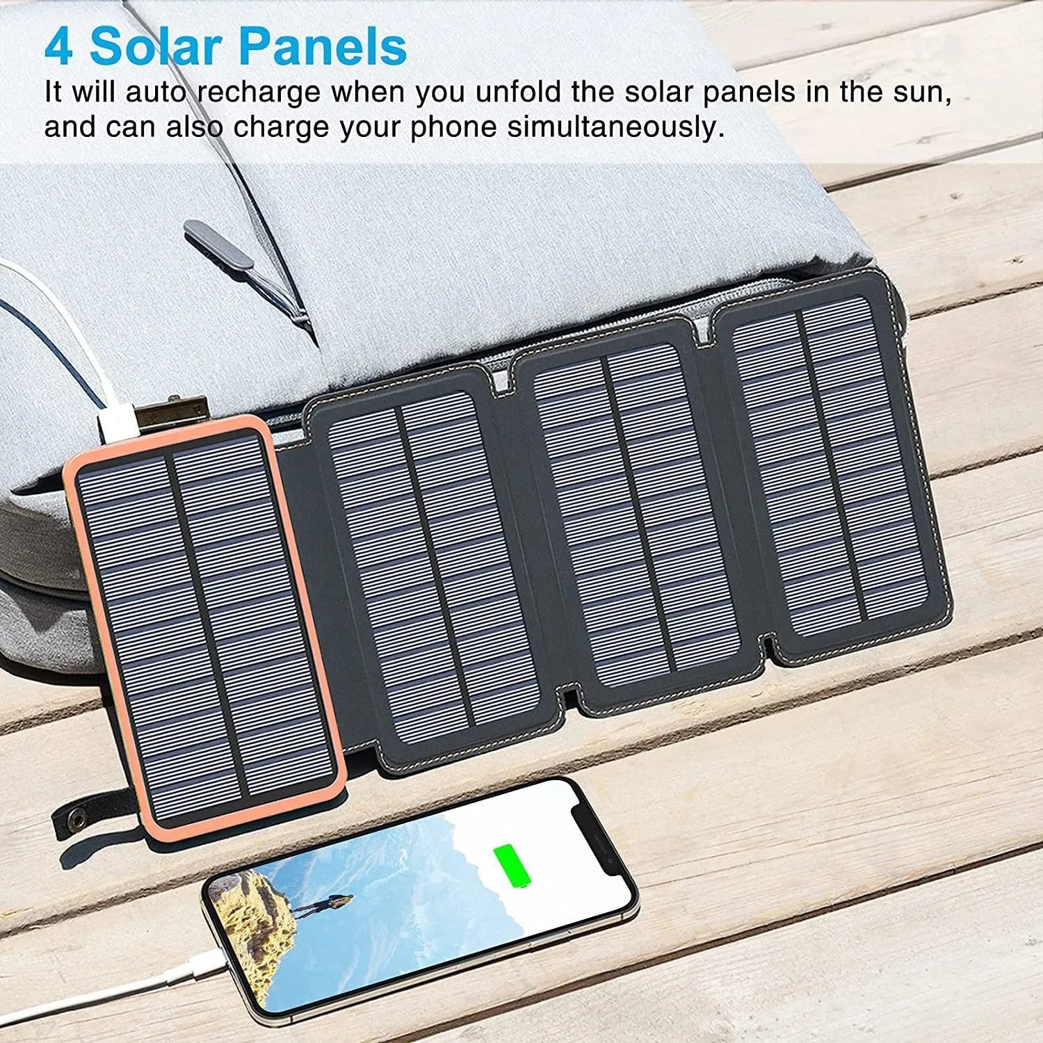 Black outdoor solar power bank with leather finish, showing solar panel and USB ports, next to a charging cable.