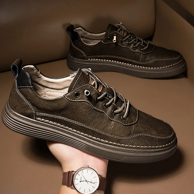 Low-top cowhide flat shoes in black, beige, and khaki for outdoor mountaineering