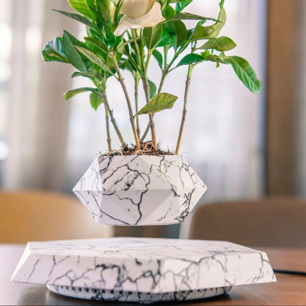 Hexagonal wood grain magnetic levitating flower pot floating 15mm above circular base