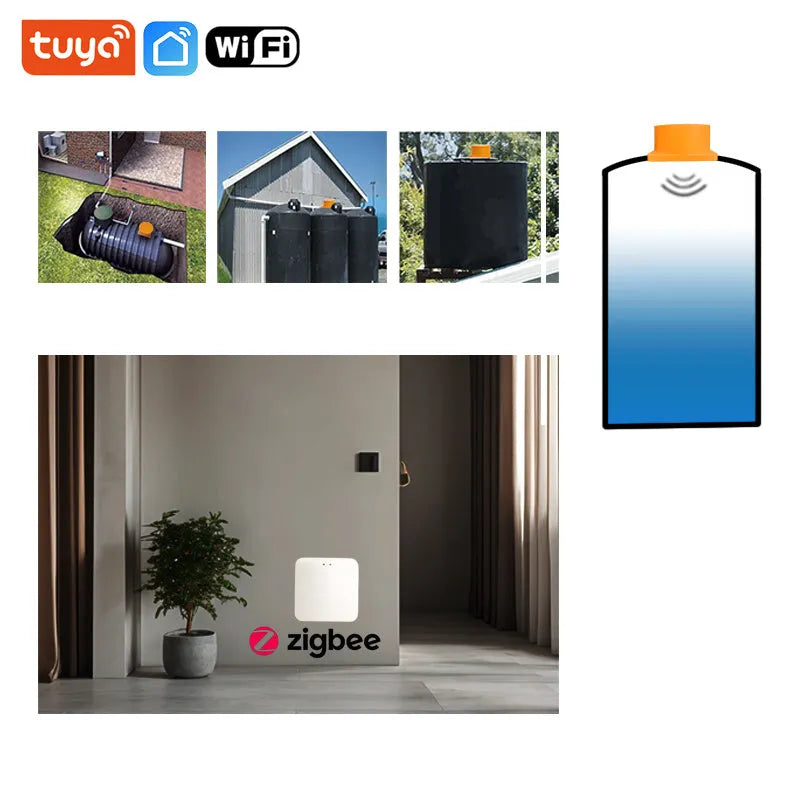 Moray ME201W white wireless ultrasonic fluid level sensor for water and oil tanks with antenna and power cable