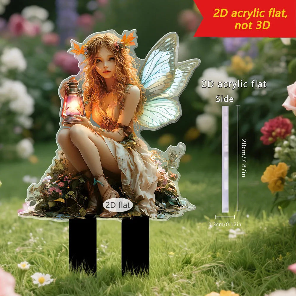 Acrylic elf fairy carrying lantern garden stake, 13.4x20 inches, cartoon style