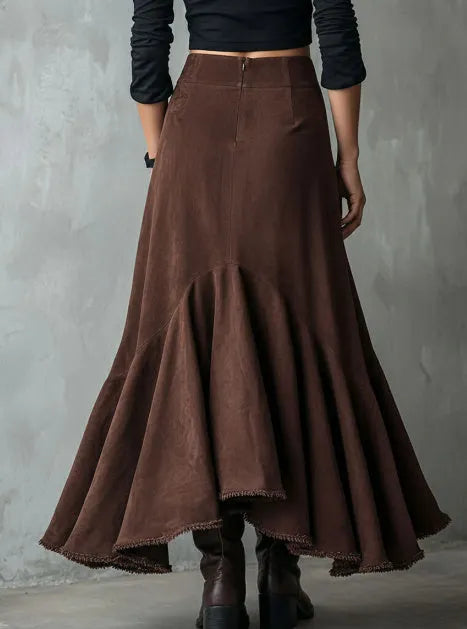 Brown high-low ruffle maxi skirt on hanger showing asymmetric hemline