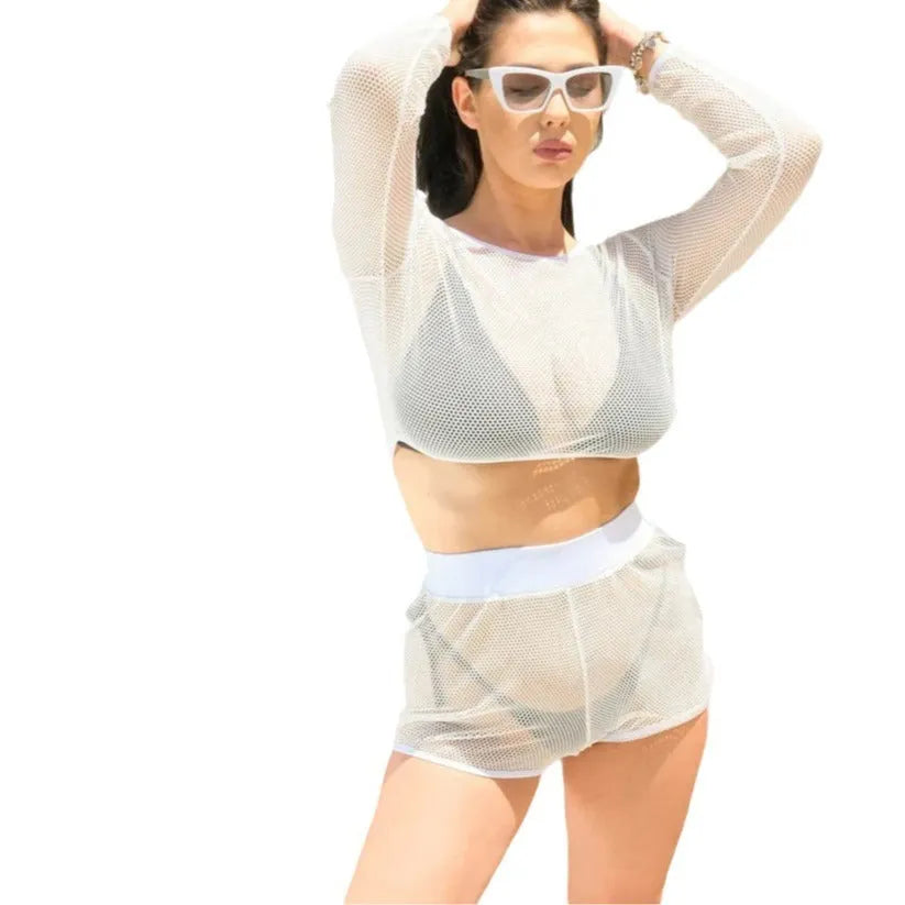 White transparent women's swimsuit set with adjustable straps for beach wear