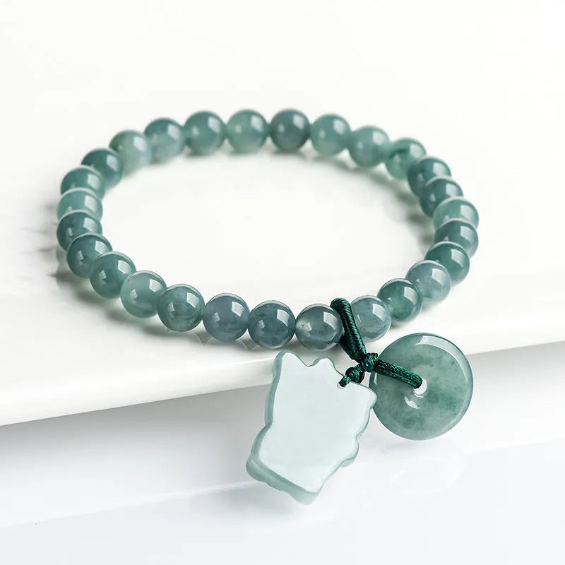 Emerald bead bracelet with blue lucky cat charm, hand woven for 14-16cm wrists
