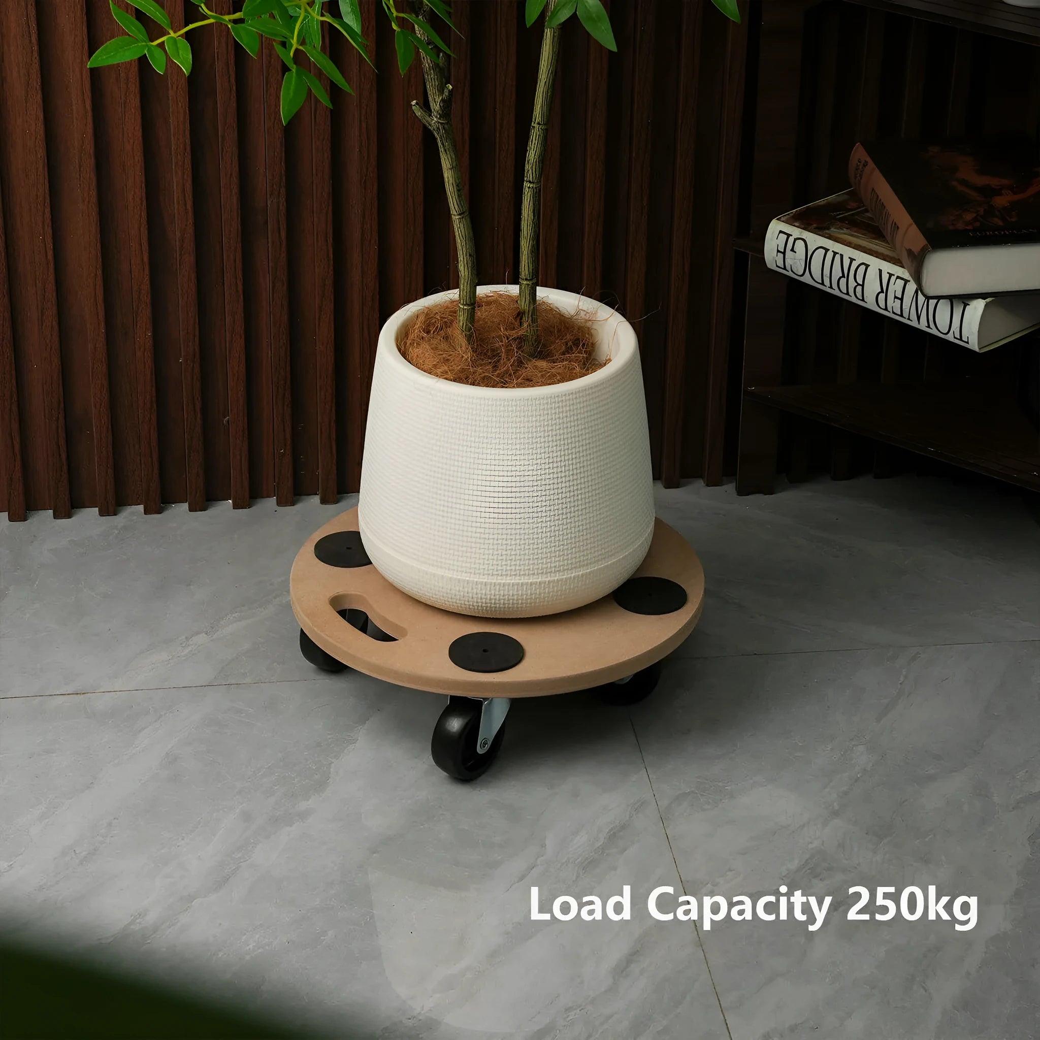 Two wooden mobile carts with non-slip platforms and natural wood finish