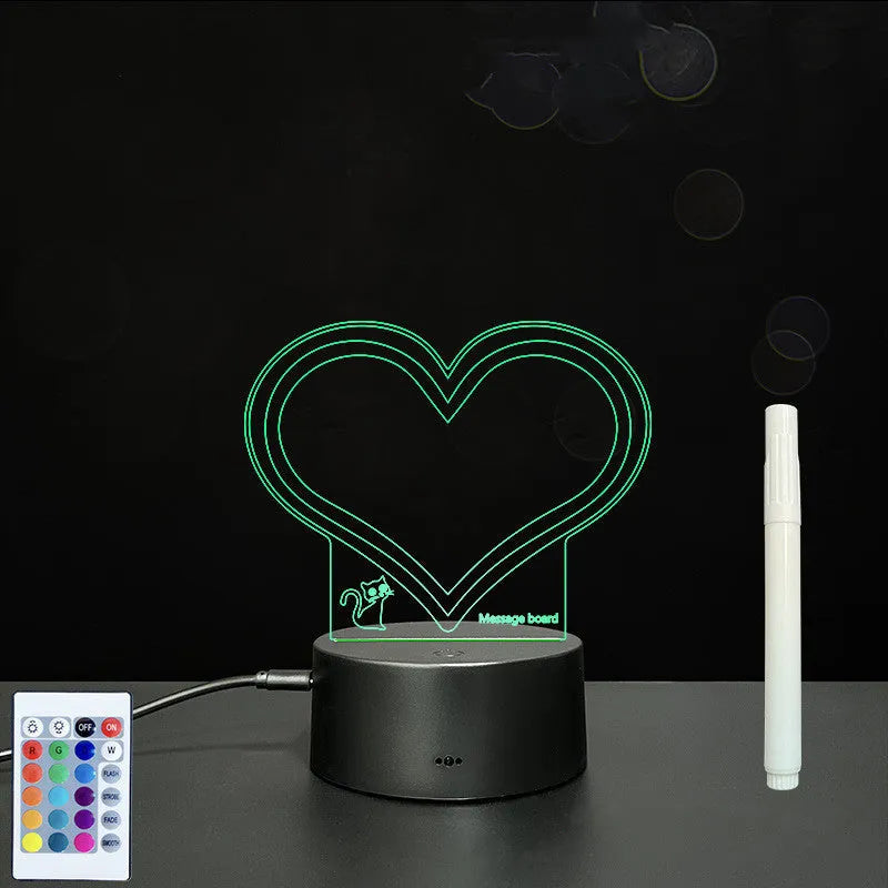 3D acrylic LED message board with touch control, black ABS base, USB cable, and stylus pen on desk