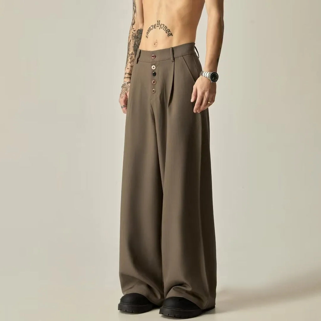 Men's solid colour vertical tube wide-leg casual trousers in black or brown with a mid waist