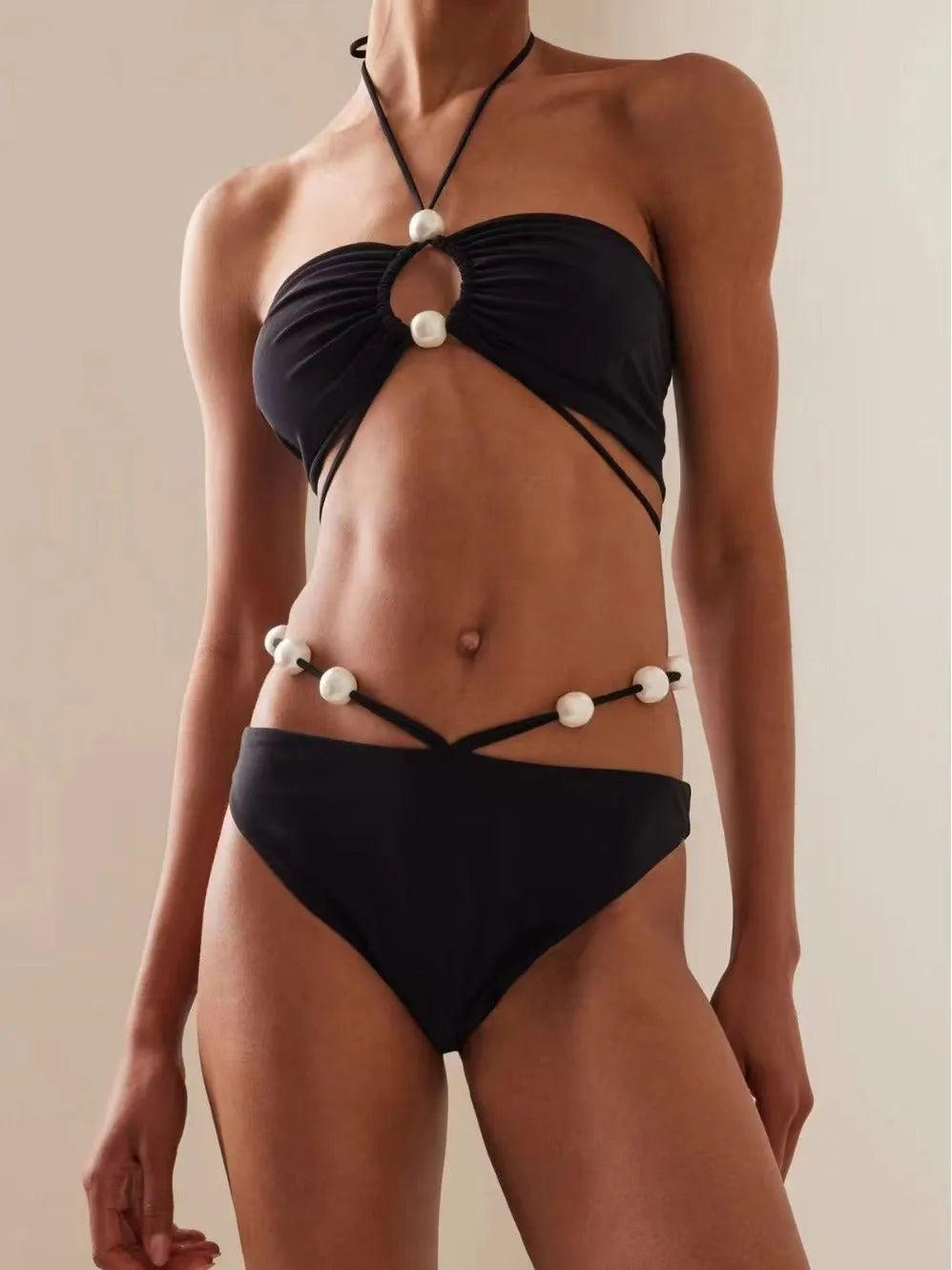Women's black lace-up split front bikini swimsuit with adjustable design