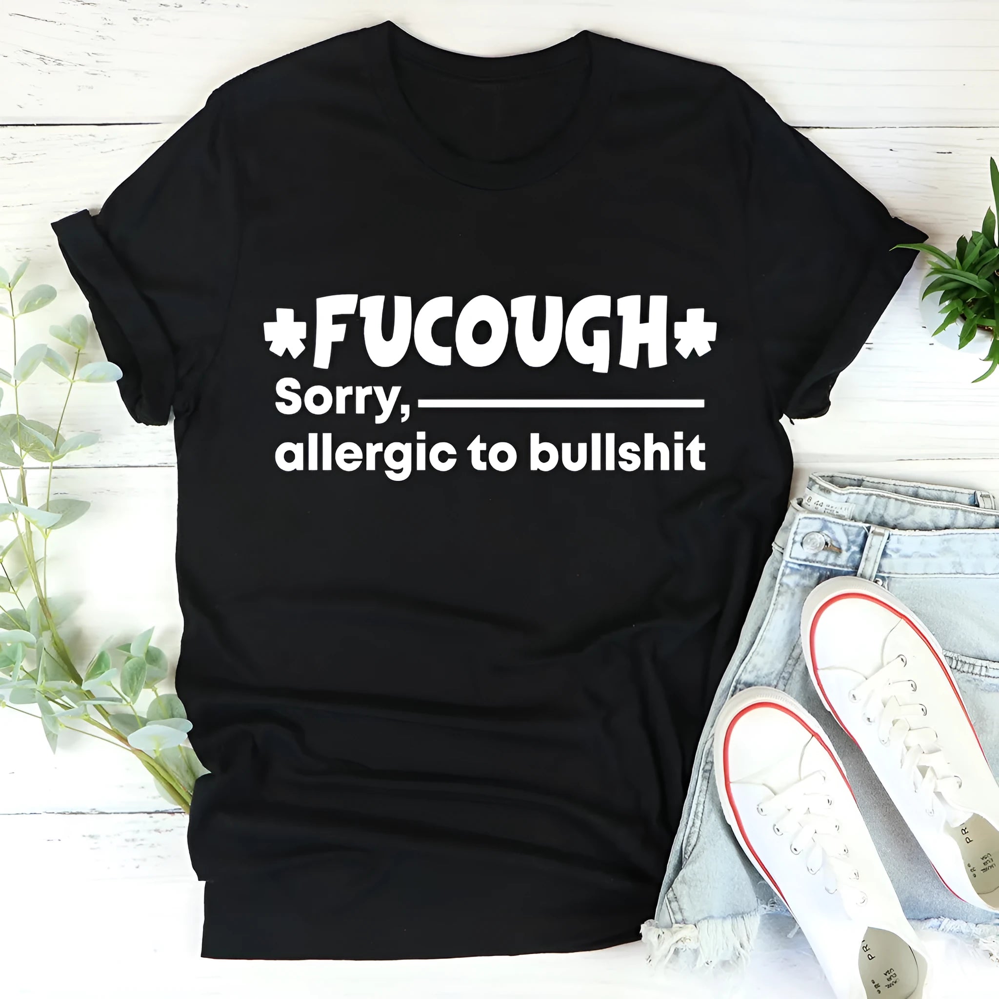 Black loose straight cut cotton T-shirt with short sleeves and round neck