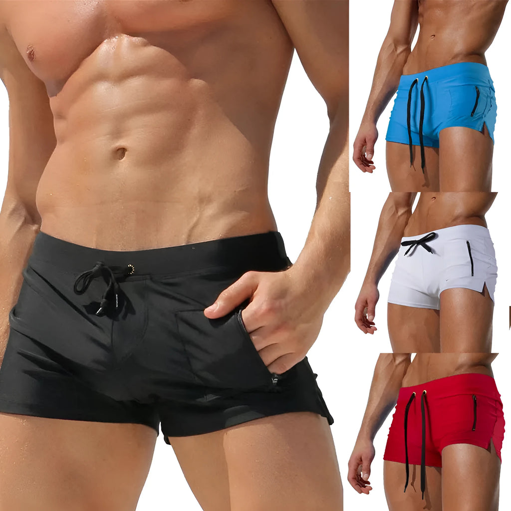 Men's black high waist lace-up swimming trunks with briefs style for fitness and swimming