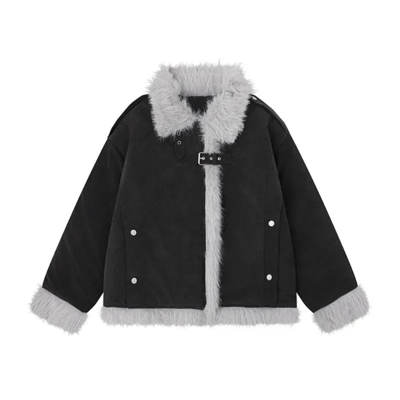 Women's American-style retro lamb wool coat in loose fit, available in black, brown, and pink, sizes S to XL