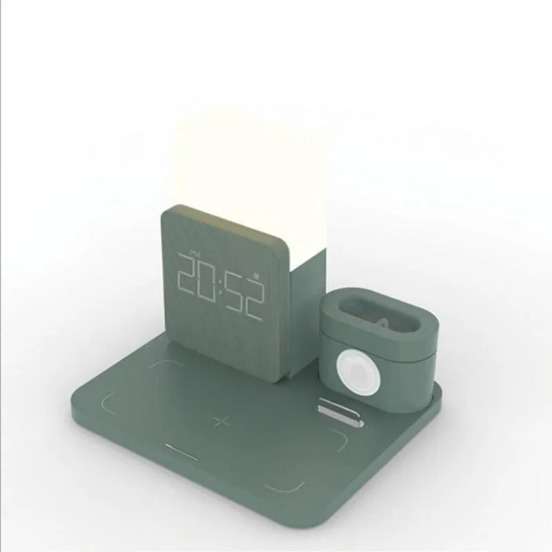A dark green 3-in-1 Qi wireless charging stand holding a smartphone.
