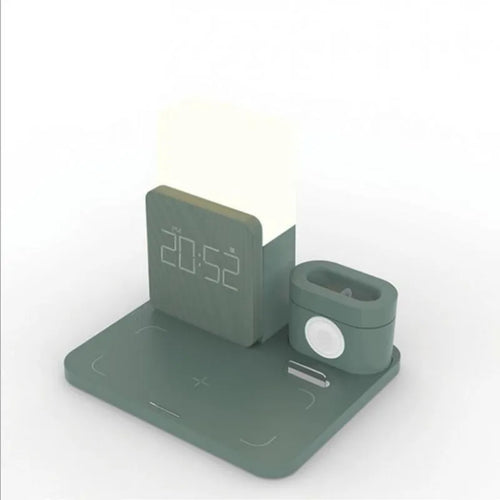 A dark green 3-in-1 Qi wireless charging stand holding a smartphone.
