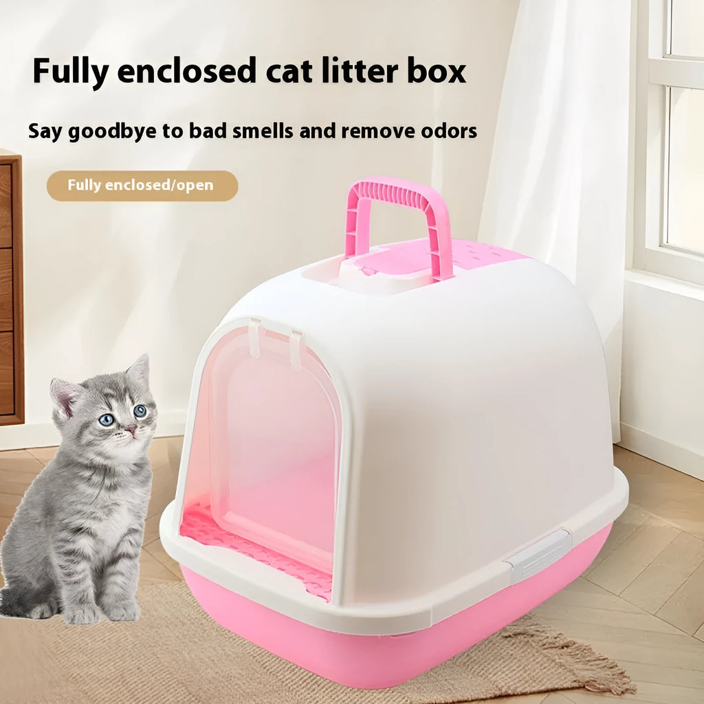 Fully enclosed PP cat litter box with drawer tray, splash-proof design, dimensions 49x36x41cm, colour blue