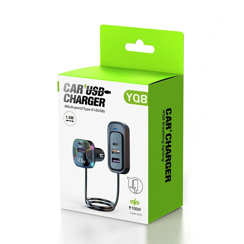 YQ8 black car PD fast charger with five ports for front or rear vehicle installation