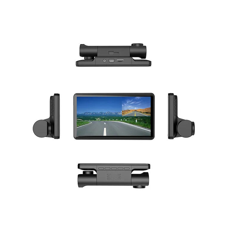Black three lens dashboard camera with 4 inch touch screen for front and rear vehicle recording