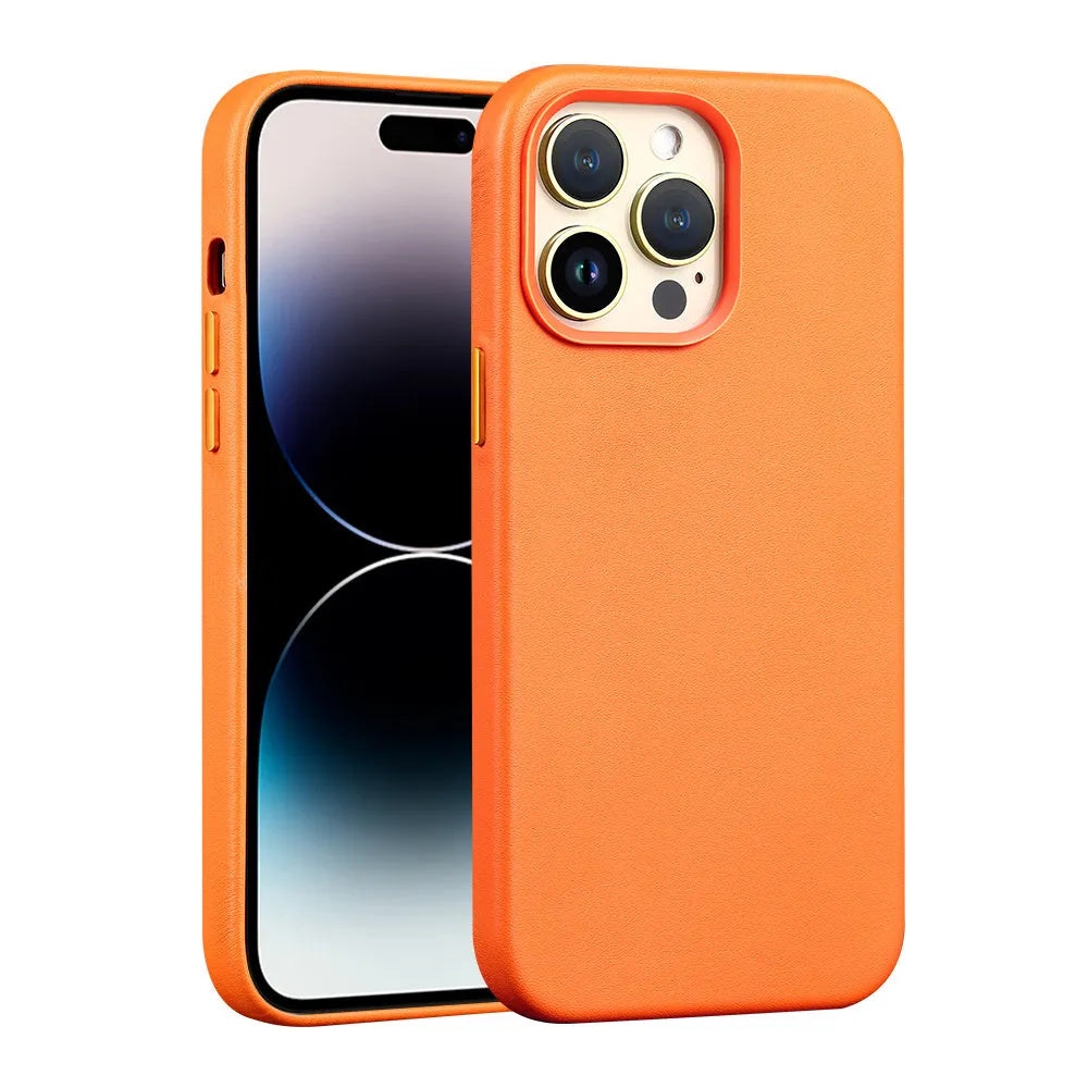 Genuine leather magnetic phone case for iPhone showing strong magnetic adsorption in Berry Purple colour