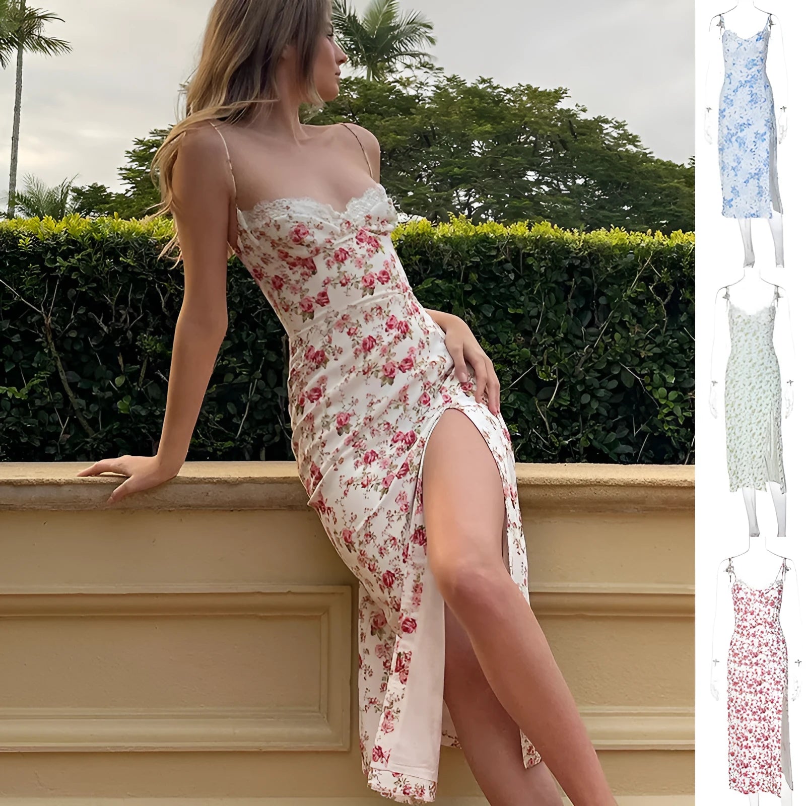 Women's lace flowers print long dress with adjustable suspenders and side slit in blue, green, or red