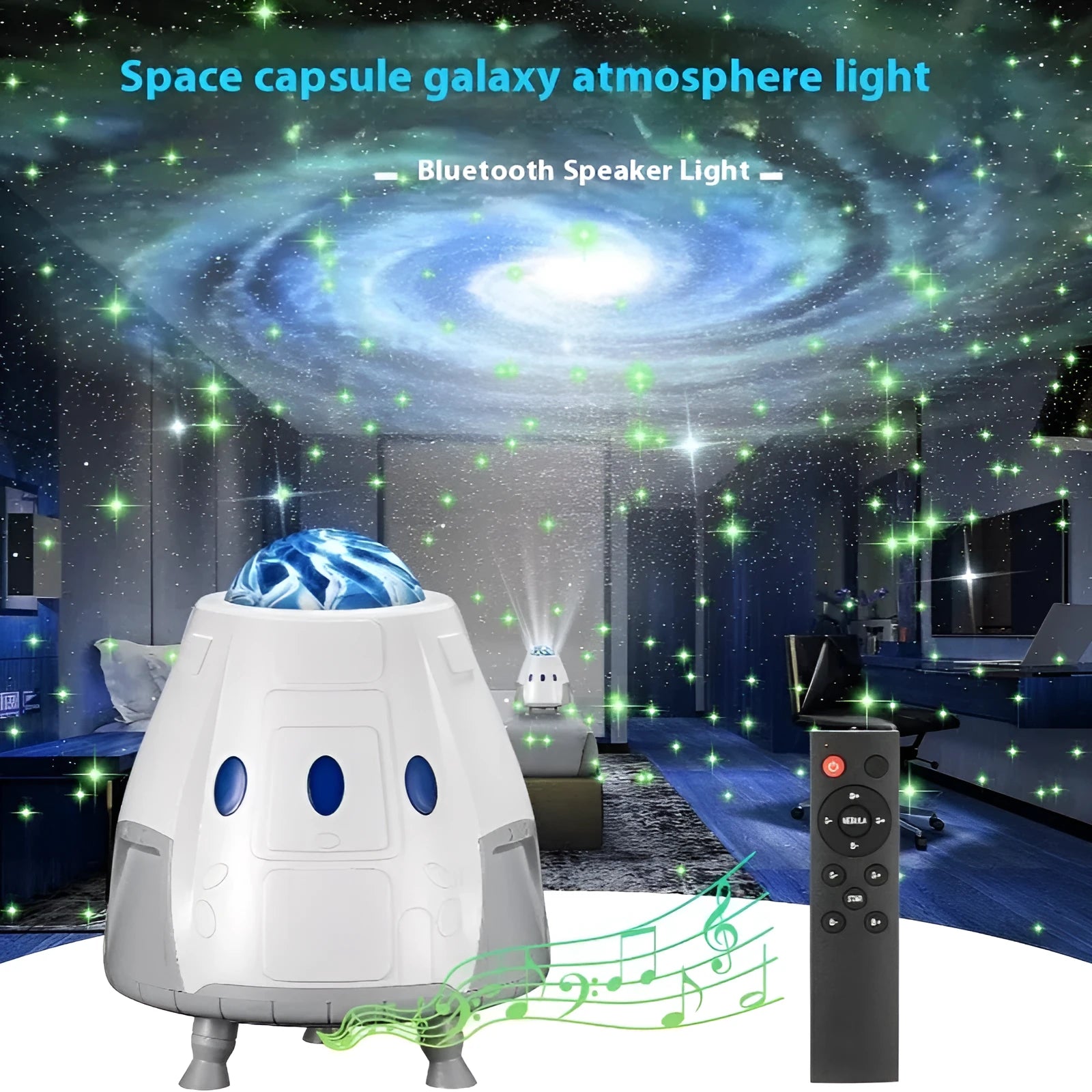 Space capsule shaped USB galaxy projection lamp with remote control on a desk.
