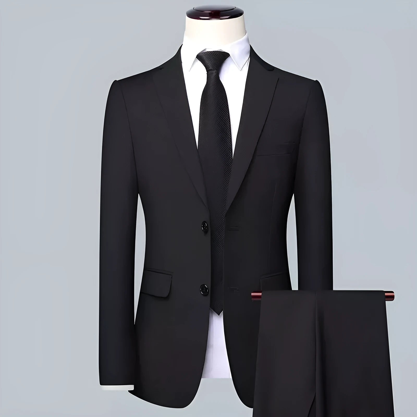 Men's three-piece Korean style slim fit business suit set in black, grey or Tibetan blue with trousers and tie