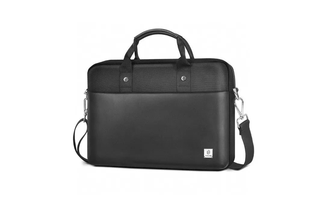 Black Oxford cloth laptop handbag with multiple compartments and a lock, shown in 14-inch and 15.6-inch sizes.