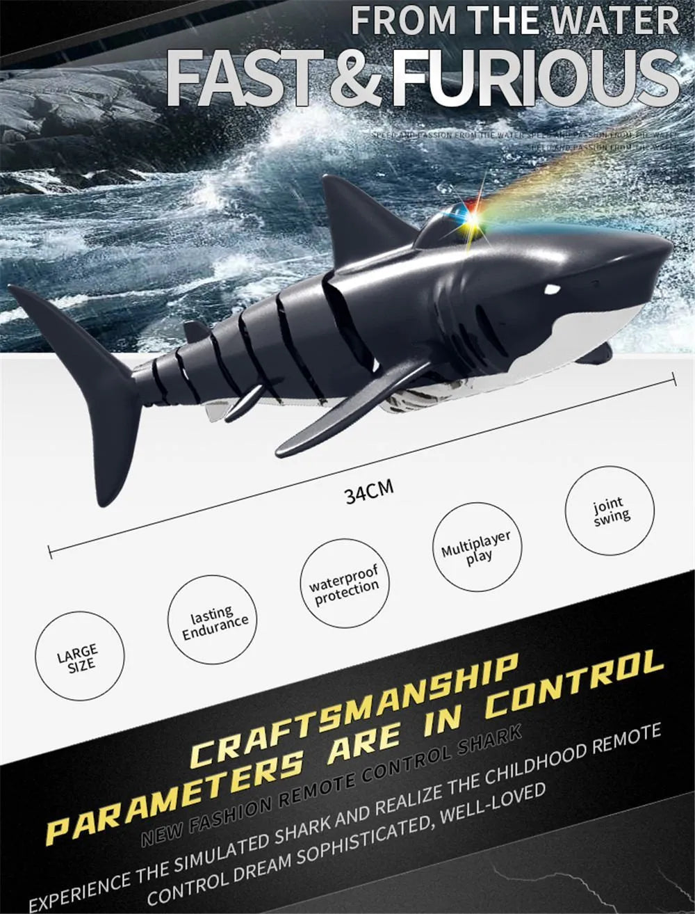 Remote control shark boat water toy with handle remote and plastic body for children